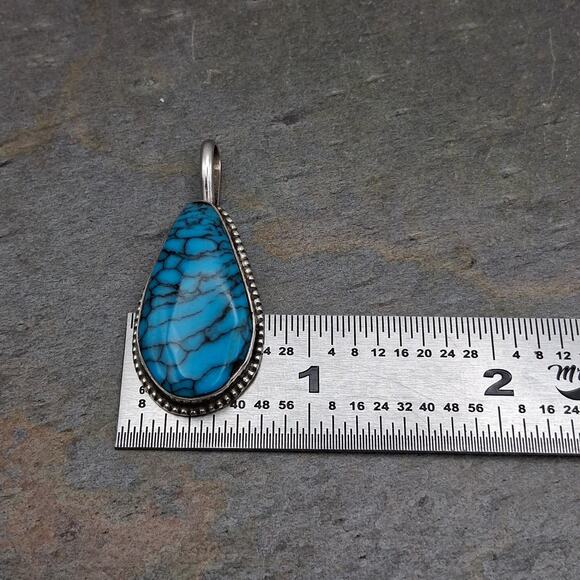 Native American Blue Spiderweb Turquoise Pendant Signed Vintage Sterling Silver - Picture 6 of 9